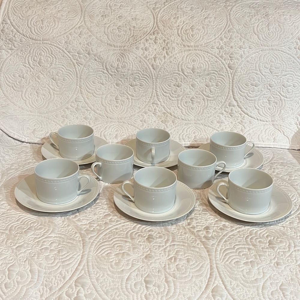 Apilco Beaded Hemstitch Porcelain Cups & Saucers, 8 cups and 6 saucers